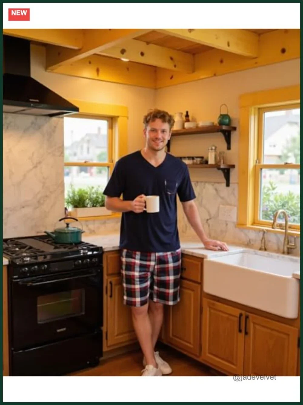 Men's 2 Piece Cotton Pajama Set with Short Sleeve Top & Plaid Shorts